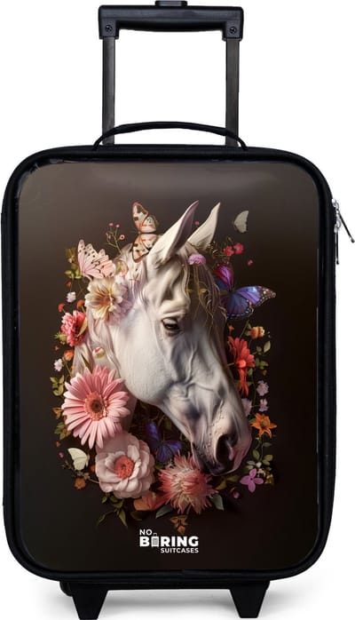NoBoringSuitcases.com® - Kinderkoffer jongen - Kindertrolley meisje - Wit paardenhoofd tussen kleurrijke bloemenkrans - Koffer kind lichtgewicht - Reiskoffer trolley voor kinderen - Koffertje met lichtgevende wieltjes - Rolkoffer zwart
