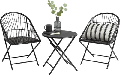 Lomera 3-Delige Bistroset - Inklapbare Tuinset - Metalen Bistroset - Balkonset 2 Personen - Opvouwbare Tafel En Stoelen - Compacte Tuinmeubelset - Lichtgewicht Tuinset - Zwart Metaal - Vouwbare Stoelen - Bijzettafel Met Stoelen