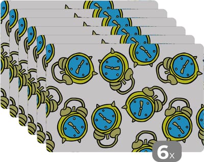 Placemat - Placemats kunststof - Wekker - Patroon - Cartoon - Slapen - 45x30 cm - 6 stuks - Hittebestendig - Anti-Slip - Onderlegger - Afneembaar