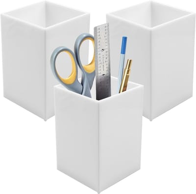 Set van 3 Witte Acrylaat Pennenhouders, Organizer voor Potloden en Make-up, Desk Organizer voor Kantoorbenodigdheden en Stationery Opslag (6.5 x 6.5 x 10 cm)