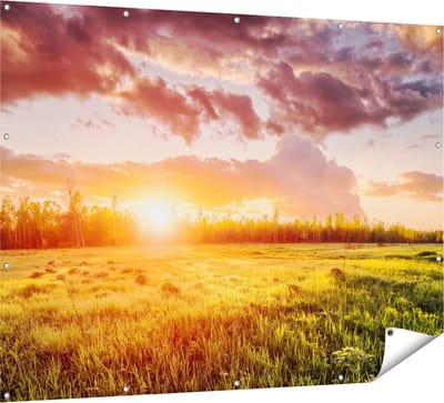 Gards Tuinposter Zonsopkomst in het Veld - 160x120 cm - Tuindoek - Tuindecoratie - Wanddecoratie buiten - Tuinschilderij