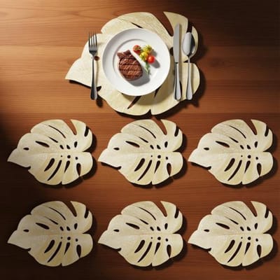 Set van 6 Placemats - Bladvormig Goud - Hittebestendig PVC - Antislip Eettafelmatten - 33x45 cm