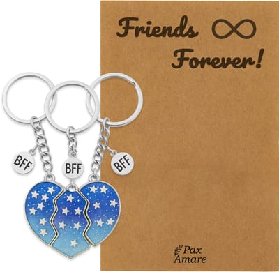 BFF Sleutelhanger voor 3 ' Friends Forever' - Magnetisch Blauw Hartje - Sleutelhanger set op Cadeau Kaartje - Zilverkleurig - Vriendschap Symbool - Pax Amare