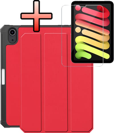 Hoes - Geschikt voor Apple iPad Mini 7 (2024) - 8.3 inch - 7e Generatie - Met Screenprotector - Trifold Bookcase - Hard Cover Case - Met Uitsparing Geschikt voor Apple Pencil - Hardcover Book - Tablet Hoesje - Rood