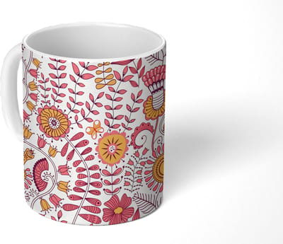 Mok - Koffiemok - Bloemen - Design - Roze - Oranje - Mokken - 350 ML - Beker - Koffiemokken - Theemok