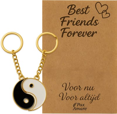 BFF Sleutelhanger voor 2 'Best Friends Forever' - Magnetische Yin Yang - Sleutelhangers op Cadeau Kaartje - Goudkleurig - Vriendschap Symbool - Pax Amare