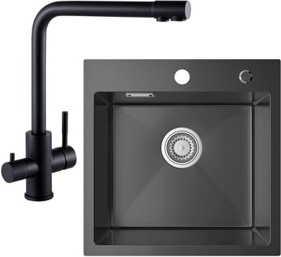SOFETIY MAX Spoelbak voor keuken 45 x 45 cm - Spoelbak Keuken Met 3 Wege Keukenkraan - Vierkante Antraciet Gootsteen - Spoelbakken Keuken voor Inbouw of Bovenmontage