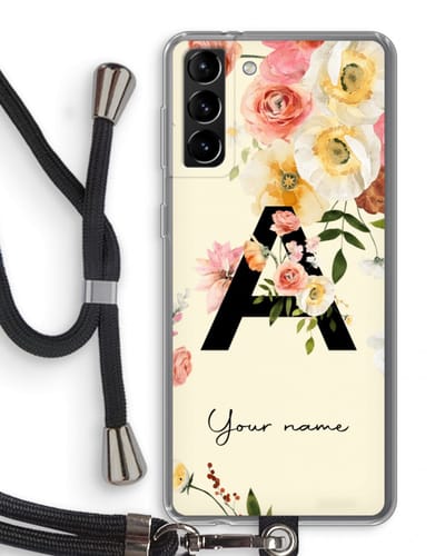 Gepersonaliseerd - Case Company® - Hoesje met koord geschikt voor Samsung Galaxy S21 Plus hoesje met Koord - Flirty Flowers Monogram - Telefoonhoesje met Zwart Koord - Bescherming aan alle Kanten en Over de Schermrand