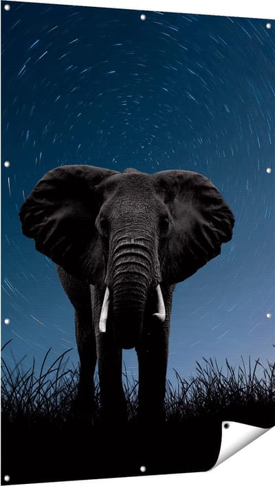 Gards Tuinposter Olifant Omringd met Sterren - 100x150 cm - Tuindoek - Tuindecoratie - Wanddecoratie buiten - Tuinschilderij