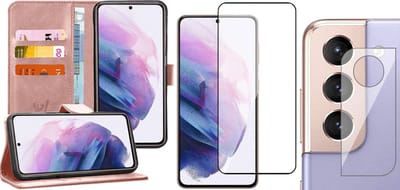 Hoesje geschikt voor Samsung Galaxy S21 FE - Book Case Kunstleer Wallet Cover Portemonnee Pasjeshouder Hoes Roségoud - Full Tempered Glass Screenprotector - Camera Lens Protector