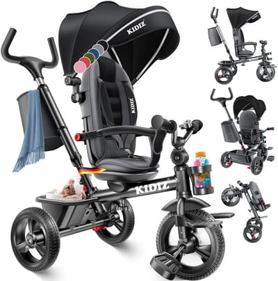 5-in-1 Loopfiets met Duwstang - Driewieler voor Kinderen Vanaf 1 Jaar - Inklapbaar met Zonnescherm