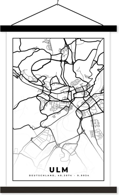 Posterhanger incl. Poster 40x60 cm - Schoolplaat - Plattegrond - Ulm - Kaart - Stadskaart - Textielposter - Zwarte latten - Stadskaart