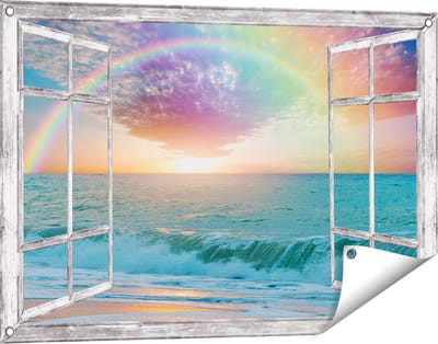 Gards Tuinposter Doorkijk Regenboog in het Water bij het Strand - 90x60 cm - Tuindoek - Tuindecoratie - Wanddecoratie buiten - Tuinschilderij