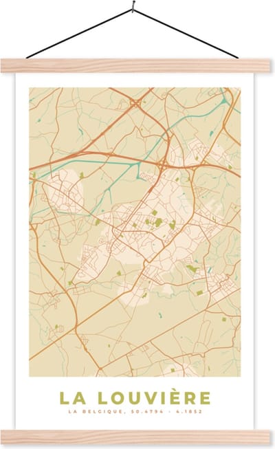 Posterhanger incl. Poster 40x60 cm - Schoolplaat - Plattegrond - Vintage - La Louvière - Kaart - Stadskaart - Textielposter - Blanke latten - Stadskaart