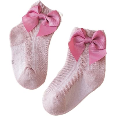 Pudcoco Chaussettes de cheville pour bébé fille tout-petit Chaussettes douces en coton fin Chaussettes d'été avec nœuds pour nourrissons 0-3T L 1-3Years rose foncé