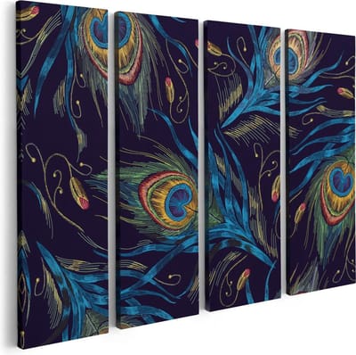 Artaza Canvas Schilderij Vierluik Getekende Pauw Veren Achtergrond - 80x60 - Foto Op Canvas - Canvas Print