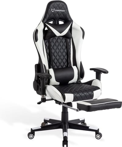 FOXSPORT verstelbare gaming chair - PC-bureaustoel met voetsteun - hoogte en helling verstelbaar - met hoofdsteun en lendensteun - gamingstoel voor kantoor - Wit