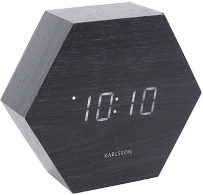 Karlsson Wekker Hexagon - Zwart fineer, Wit LED - 13x11x4,5cm - Scandinavisch