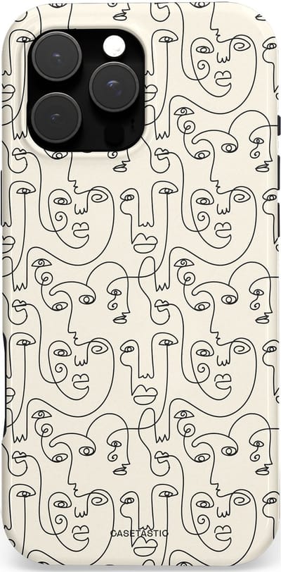 Casetastic Hoesje Geschikt voor Apple iPhone 16 Pro Max Magsafe - Stijlvolle Beschermende Duo-layer Case - Art Deco Creme Abstractie Lijntekening Gezichten
