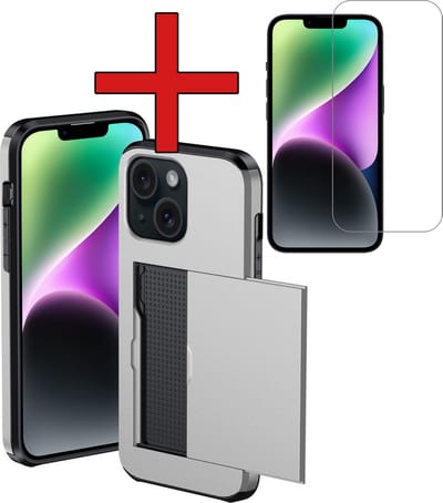 Hoesje Geschikt voor iPhone 14 Hoesje Met Pasjeshouder Hard Case Met Kaarthouder Met Screenprotector - Hoes Geschikt voor iPhone 14 Hoesje Pashouder Case - Grijs
