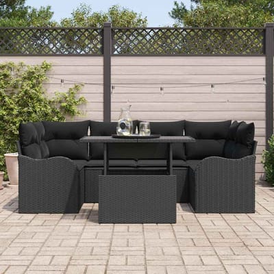 vidaXL - Tuinbank - Set - 7 - st - 6-Aantal - zitplaatsen - Zwart - Poly - Riet