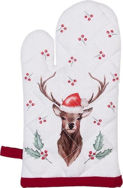 Clayre & Eef Kind Ovenwant 12x21 cm Wit Rood Katoen Hert Hulstbladeren