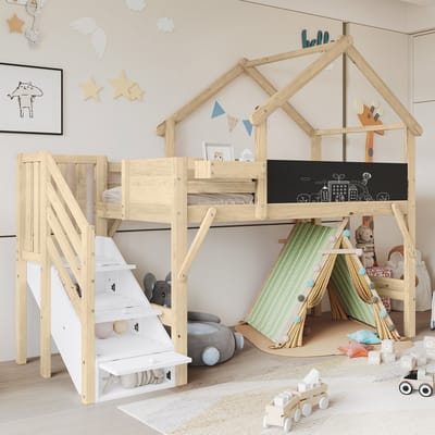 MODFU - Etagenbed 90x200 cm – Wit/naturel met dakdesign & krijtbord – Opbergtrap