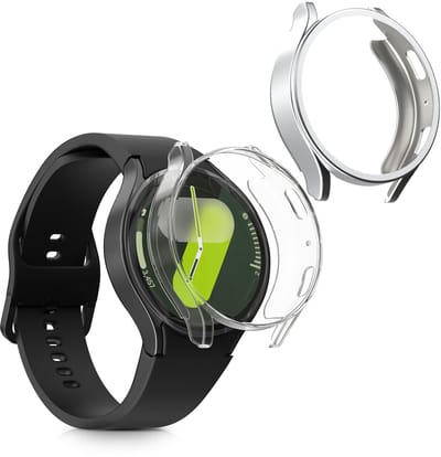 kwmobile 2x smartwatch hoes geschikt voor Samsung Galaxy Watch 7 44mm hoesje - Siliconen sporthorloge cover - Activity tracker case in transparant / zilver