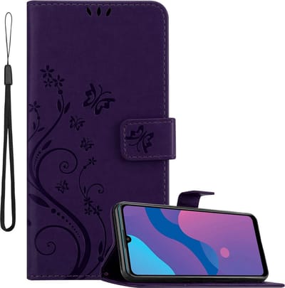 Cadorabo Hoesje geschikt voor Honor 9A in Paars - Beschermhoes in bloemmotief met magnetische sluiting, standfunctie en kaartsleuven Book Case Cover Etui