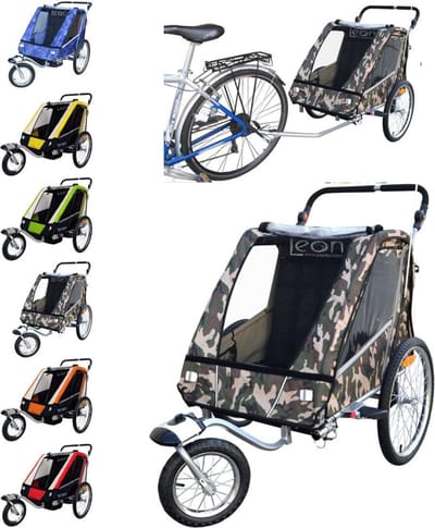 Fietskar Kinderwagen - Dubbelzitje Aanhanger - Actief Gezin - Verende Aanhanger - Voor 2 Kinderen - Camouflage