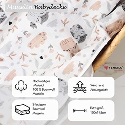 Mousseline katoenen deken voor baby's – Ademend en Zacht, 100x145 cm, Dubbellaags, Multifunctioneel, Perfect voor Kinderwagens en Bedden