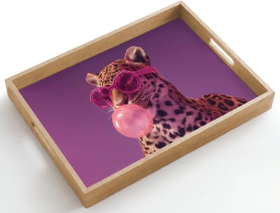 Dienblad hout 50x35 cm - Schootdienblad - Panter - Zonnebril - Kauwgombel - Roze - Borrelplank rechthoek - Plateau dienbladen