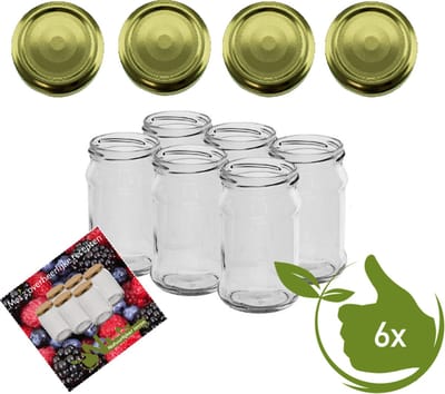 Glazenpotten 300 ml gouden deksel inclusief recept verpakt per 6 stuks - inmaakpotten 300ml