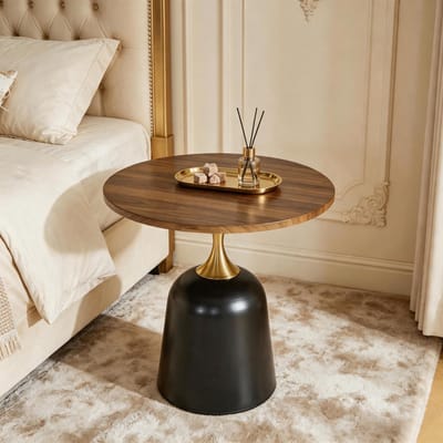 Ronde Bijzettafel 60 cm - Walnoot Look Tafelblad - Zwart Metalen Frame - Woonkamer & Slaapkamer - Walnoot/Zwart