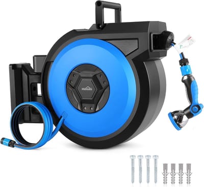 Tuinslanghaspel - Wandmontage Haspel - Tuin Besproeien - Automatisch oprollen - 30 meter slang - Blauw