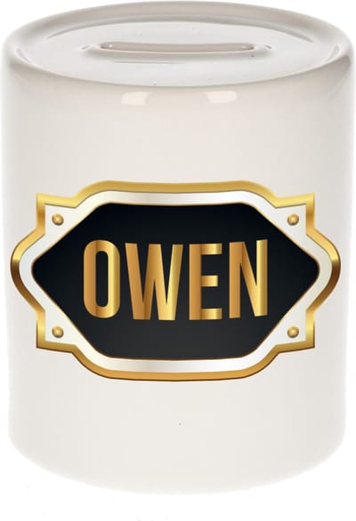 Spaarpot met voornaam Owen - wit - met goud/zwart embleem - 8 x 9 cm - keramiek - met afsluitdop - cadeau verjaardag