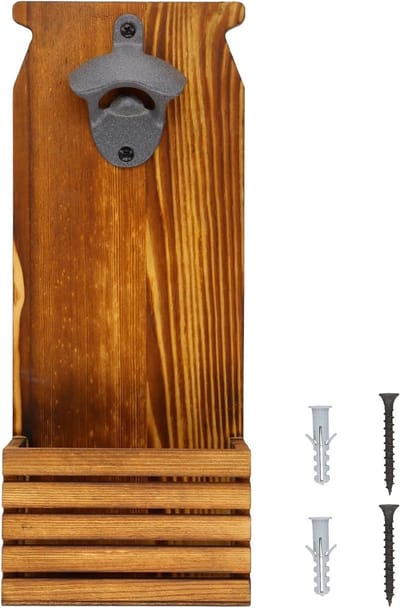 Houten Flessenopener voor Aan de Muur of Staand, Met Dopopvang, Baraccessoires voor Thuis, Café en Tuin, Perfect Cadeau voor Bierliefhebbers en Verjaardagen, 12 x 7.3 x 30 cm