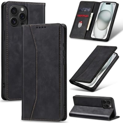 Zwart kunstleer wallet case telefoon hoesje geschikt voor iPhone 17 Pro dames en heren met magneetsluiting en flip cover