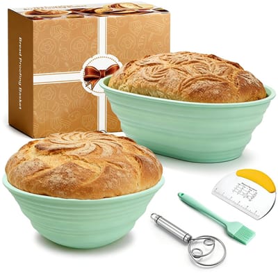 Dailygoods- Fermentatiemand 5-delig - Ronde/Ovale Rijsmanden - Siliconen Broodbakset - 25 cm/23 cm - Inclusief Deegschraper/Whisk - Versterkte Dikte 4 mm - Broodmand