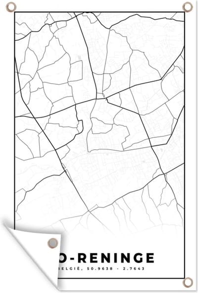 Muurdecoratie Stadskaart – Plattegrond – België – Zwart Wit – Lo Reninge – Kaart - 120x180 cm - Tuinposter - Tuindoek