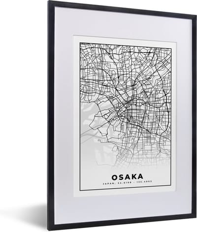 Fotolijst incl. Poster - Kaart - Osaka - Stadskaart - Japan - Plattegrond - 30x40 cm - Posterlijst