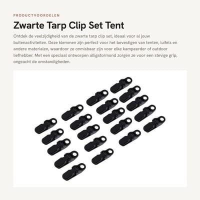 Dailygoods- Tarp Clips Set van 20 - Zwarte Zeilklemmen - Kunststof Antislip - Lichtgewicht en Duurzaam - Voor Buitenactiviteiten - Stabiliteit en Draagkracht - Tentklemmen