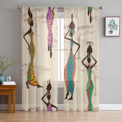 Afrikaanse Vrouwen Met Vazen Tule Transparante Gordijnen voor Woonkamer de Kamer Slaapkamer Keukendecoratie Voile Organza Gordijnen 135W x 114H(cm)