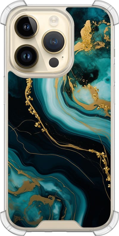 Shockproof hoesje - Geschikt voor iPhone 14 Pro - Marmer blauw goud - Extra sterke case - TPU/polycarbonaat - Marmer - Blauw, Transparant