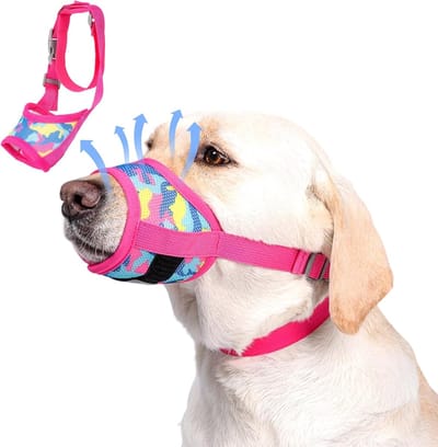 Hondenmuilkorf Ademend Gaas voor Kleine Middelgrote en Grote Honden, Verstelbare Snuit Muilkorf Zachte Honden Training Mond voorkomt Bijten Kauwen Blaffen en Afval Eten, Hijgen en Drinken(RozeBlauw,L)