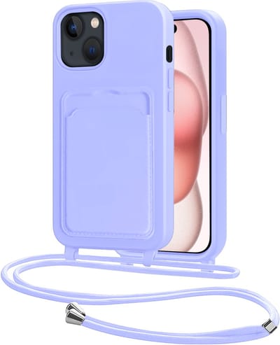Hoes Geschikt voor iPhone 15 Plus Hoesje Pasjeshouder Cover Met Koord Case Siliconen Hoes Met Telefoonkoord en Kaarthouder - Lila