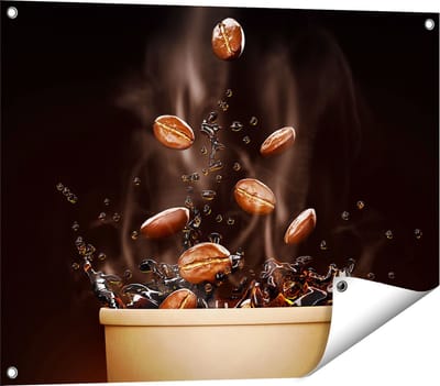 Gards Tuinposter Koffie Beker met Koffiebonen Erin - 80x60 cm - Tuindoek - Tuindecoratie - Wanddecoratie buiten - Tuinschilderij
