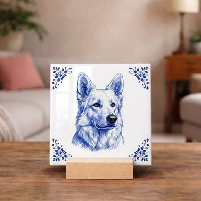 Delftsblauw Tegeltje 11x11 Witte Herder – Cadeau voor Hondenliefhebber of Baasje