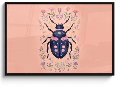 Poster in lijst - Fotolijst 120x80 cm - Posters - Kever - Donkerblauw - Bloemen - Sierlijk - Posterlijst zwart - Decoratie - Wanddecoratie woonkamer - Muurdecoratie slaapkamer