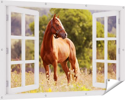 Gards Tuinposter Doorkijk Bruin Paard in de Wei - 150x100 cm - Tuindoek - Tuindecoratie - Wanddecoratie buiten - Tuinschilderij